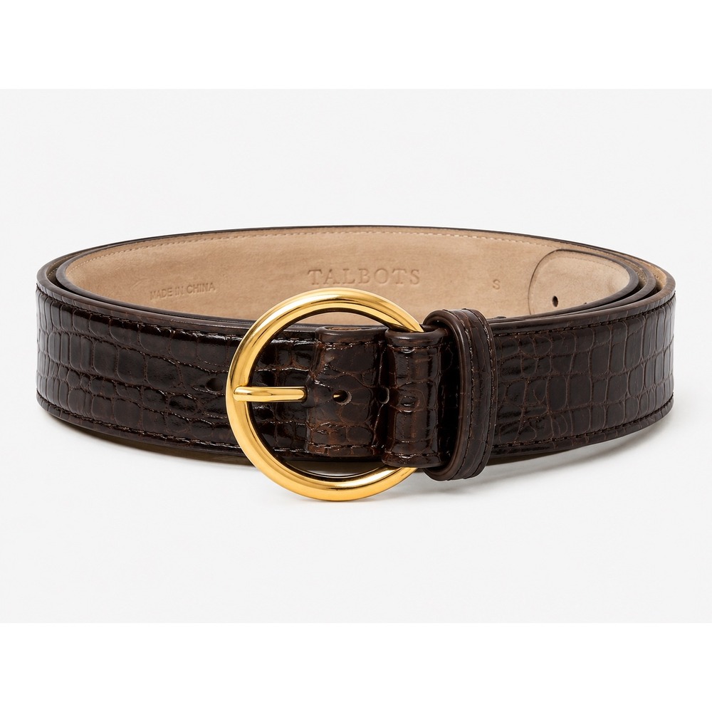 Talbots Brown Croc Embossed Leather Belt Gold Ring Buckle Size Small